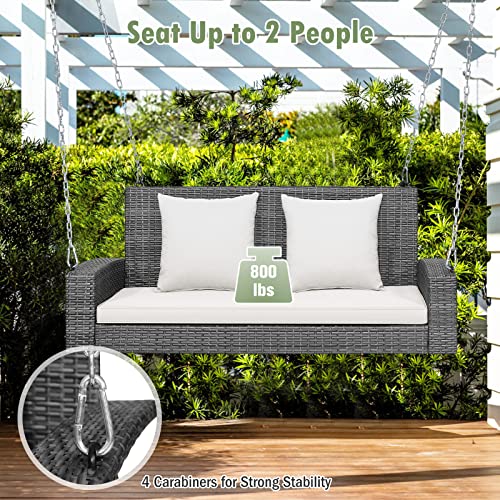Tangkula 2 Person Wicker Hanging Porch Swing, Patiojoy Outdoor Rattan Swing With Soft Cushions And 2 Rustproof Steel Chains, 800 Lbs Patio Swing Bench For Balcony, Garden And Yard (Off White) #TOP4