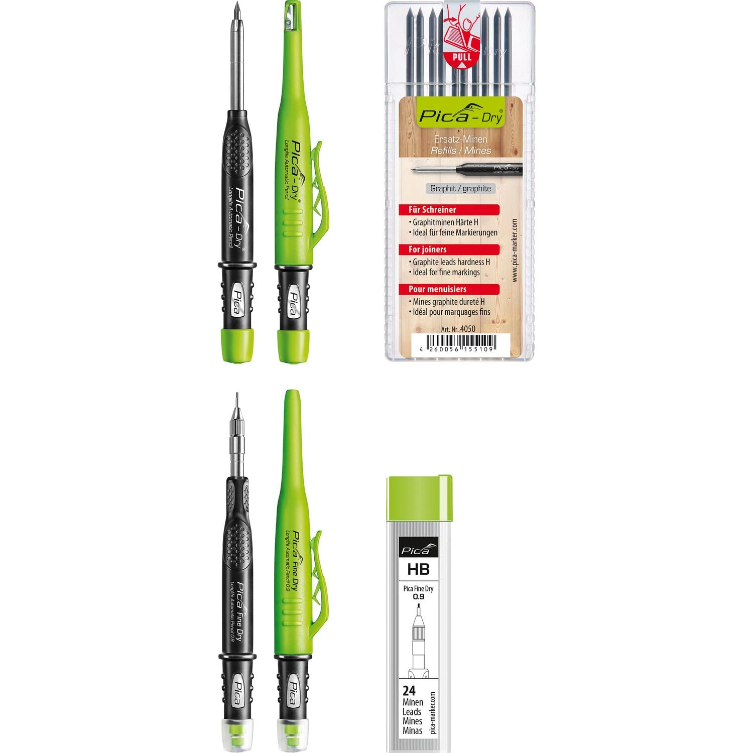 Pica Dry und Fine Dry Tieflochmarker graphit + Ersatzminen Graphitminen H und HB, 4-teilig