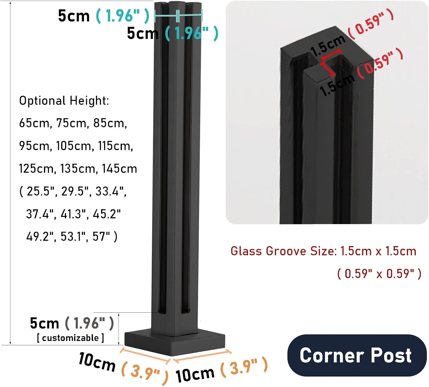 Glass Balustrade Panel Clamp Post Glass Railing Post, Square Black Stainless Steel Platform Partitions Fence/Guardrail Column, Patio Balcony Deck (Color : Corner Post, Size : 75cm/29.5")