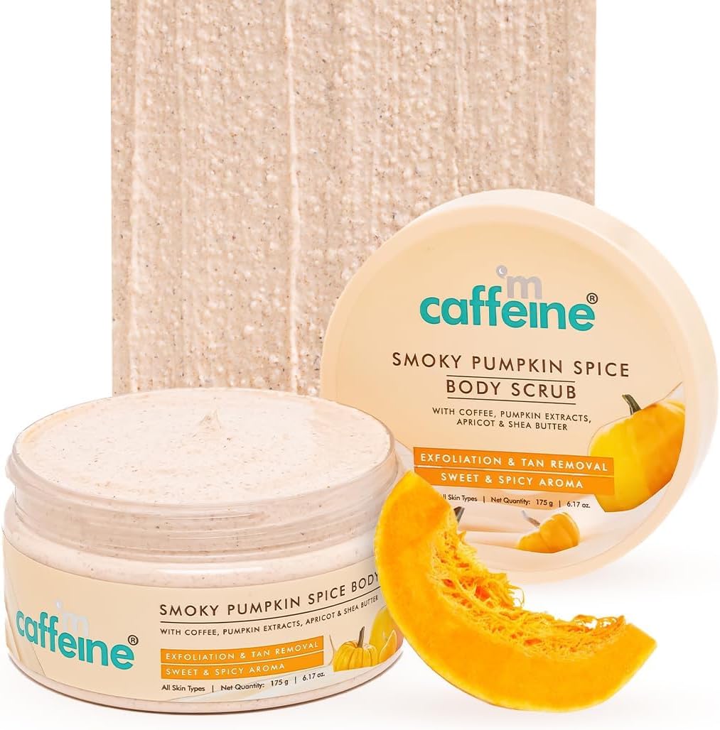 Caffeine Smoky Pumpkin Spice Body Scrub for Glowing Skin| Coffee, Pumpkin Extracts, Apricot & Shea Butter | Exfoliate, Remove Tan, Nourish, Moisturize | Sweet & Spicy Aroma for Men & Women – 175g
