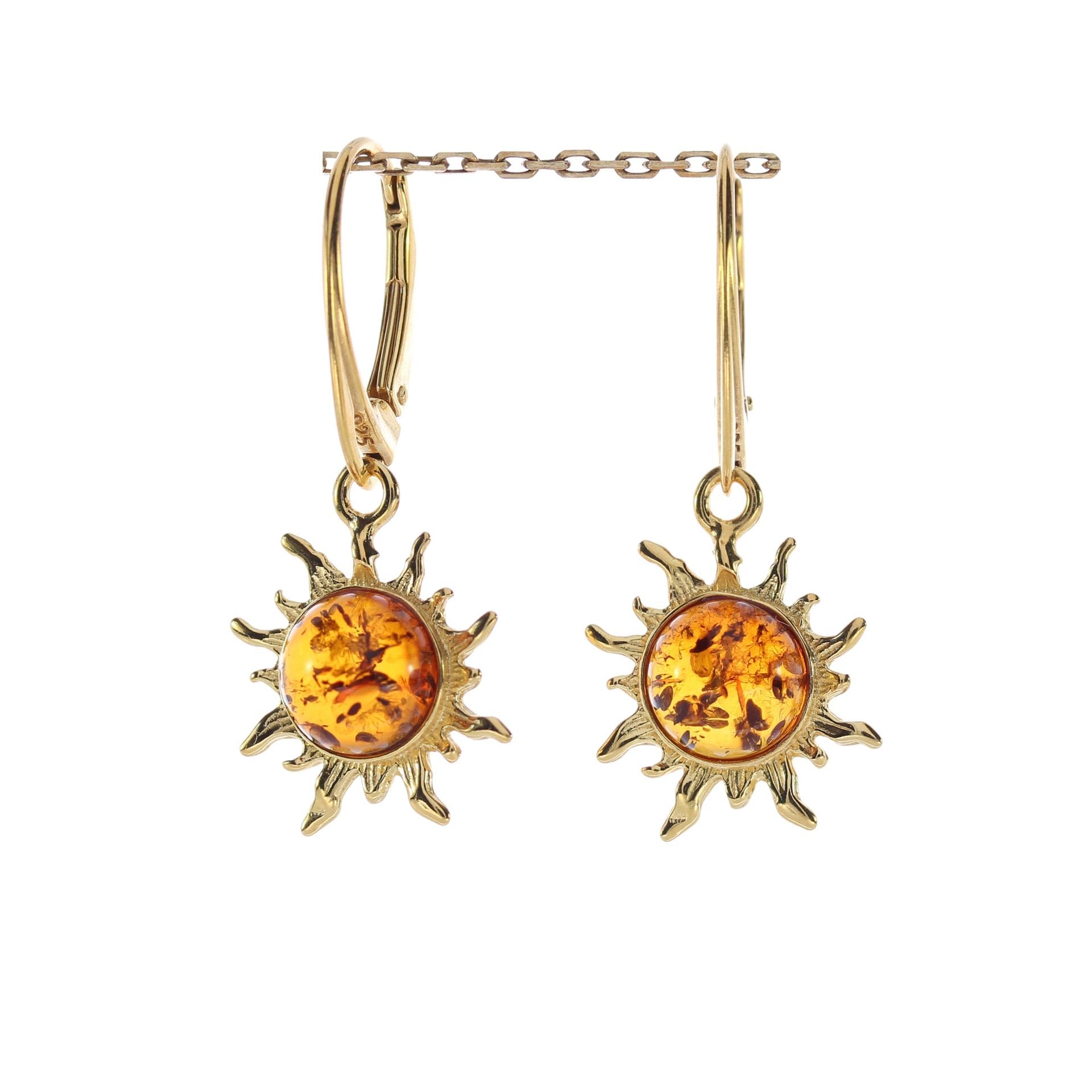 Pendientes de ámbar de Artisana, modernos pendientes "sol" con ámbar, engastados en plata de ley 925/000 chapada en oro, Gesamtlänge je 3,4 cm , Breite 1,4 cm, Plata de ley 925/000 chapada en oro