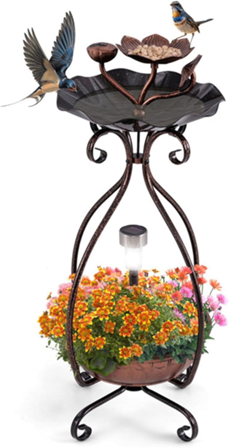 Bird Feeder and Drinking Stand, Solar Bird Bath Feeder Combo, Multi-Function Bird Energy Station with Flower Pot Base and Solar Light, Bird Pet Supplies, Bronze