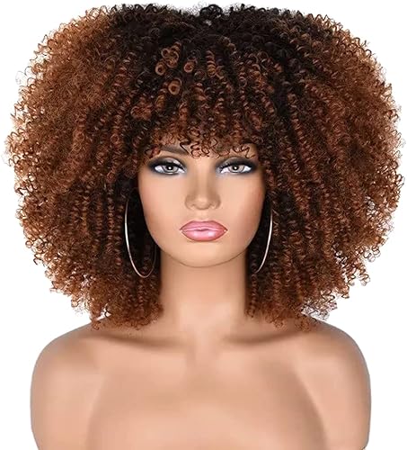 Afro Bomb - Pelucas rizadas para mujeres negras, peluca corta afro rizada con flequillo, 14 pulgadas, aspecto natural, color marrón degradado,
