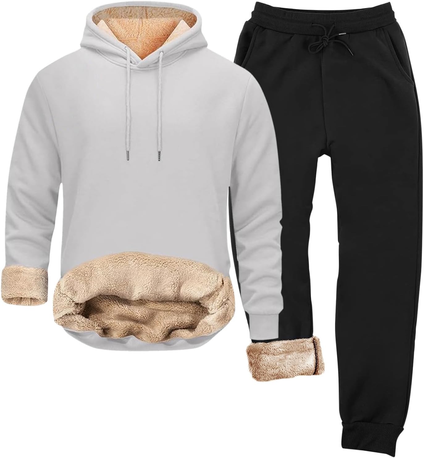 Men's Sherpa Lined Sweatsuits 2 Piece Set Warm Winter Tracksuit Thick Thermal Fleece Plush Hoodie and Joggers Outfits