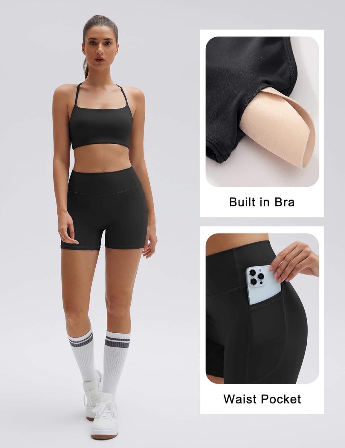 SUUKSESS Women 2 Piece Workout Sets Padded Halter Sports Bras High Waisted Biker Shorts with Pockets - Image 2