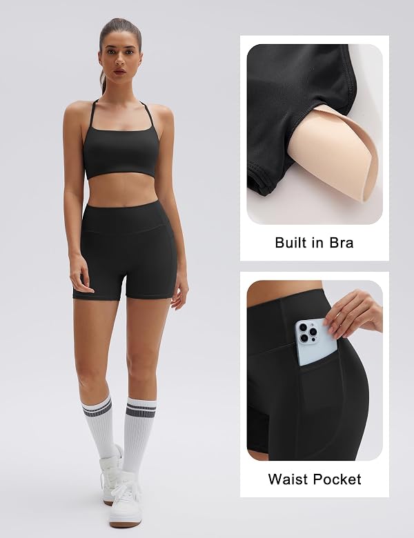 SUUKSESS Women 2 Piece Workout Sets Padded Halter Sports Bras High Waisted Biker Shorts with Pockets Built in Bra Athletic Tops (Black, XL) by SUUKSESS - Image 3