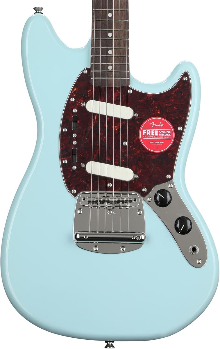 Squier Classic Vibe 60s Mustang Short Scale Electric Guitar, Sonic Blue | Beginner electric guitar, offset body, short scale neck, laurel fingerboard, 2-year warranty, vintage 60s tone