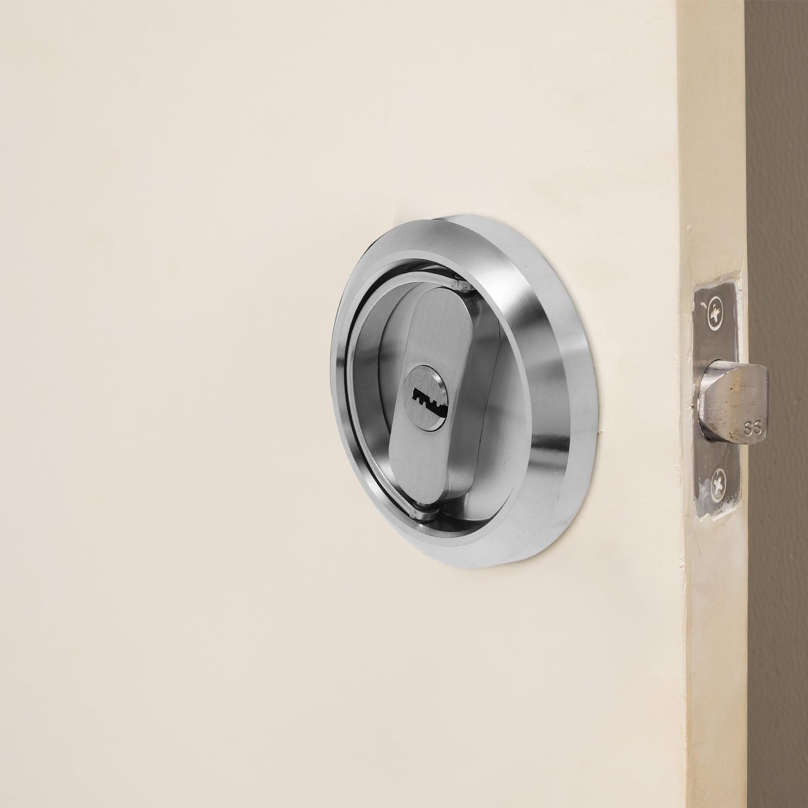 GALPADA Serrure Encastrée Ronde en Acier Inoxydable 304, Poignée de Porte Invisible Mécanisme de Verrouillage, pour Chambre et Salle de Bain
