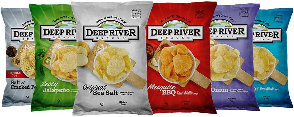 Deep River Potato Chips Variety Pack 6 Flavors 2 oz (24 Pack) - Kosher & Gluten Free, Kettle Cooked Potato Chips, 6 Flavors Assortment, Premium Snack Selection, Ideal for Parties & Gatherings