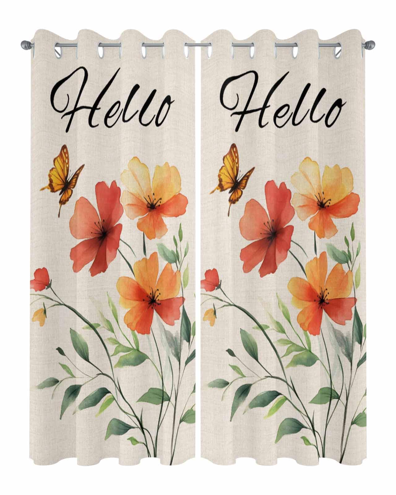 Waterproof Outdoor Curtains for Patio Porch, Watercolor Flower Butterfly Grommet Curtain Panel Windproof Outside Curtains Tieback, Hello Quote Retro Linen Weighted Window Treatment Drapes