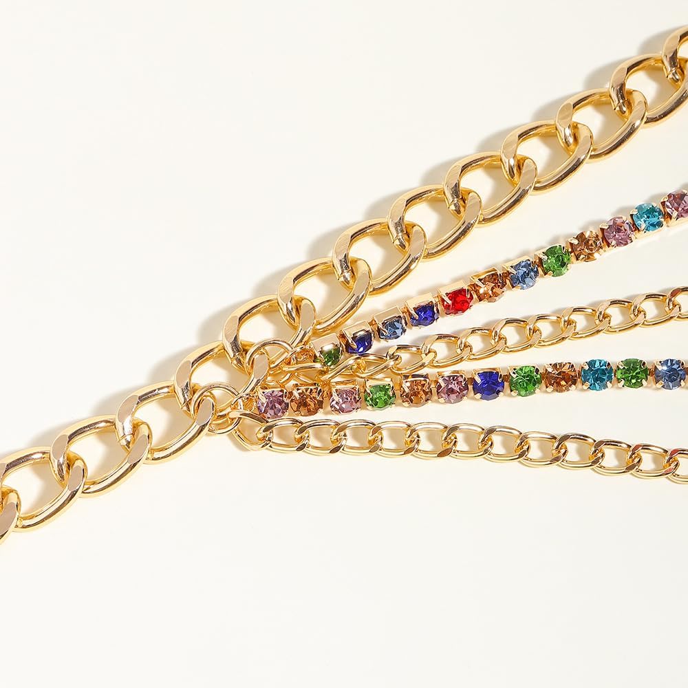 Adjustable 5-Layer Pants Chains Waist Belt Chain - Rhythmic Rhinestone & Metal Tiers, 113g Gold Bohemian Waist Body Chain for Women