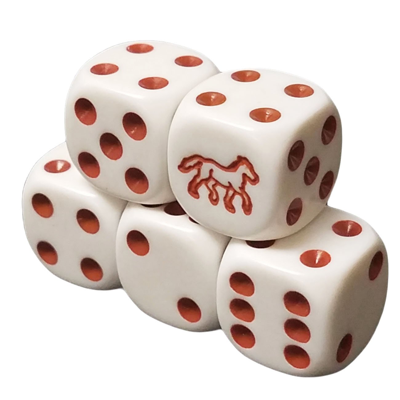 Koplow Horse Theme Dice Set - 5 White 16mm Round Corner Dice With Brown Spots In Organza Bag