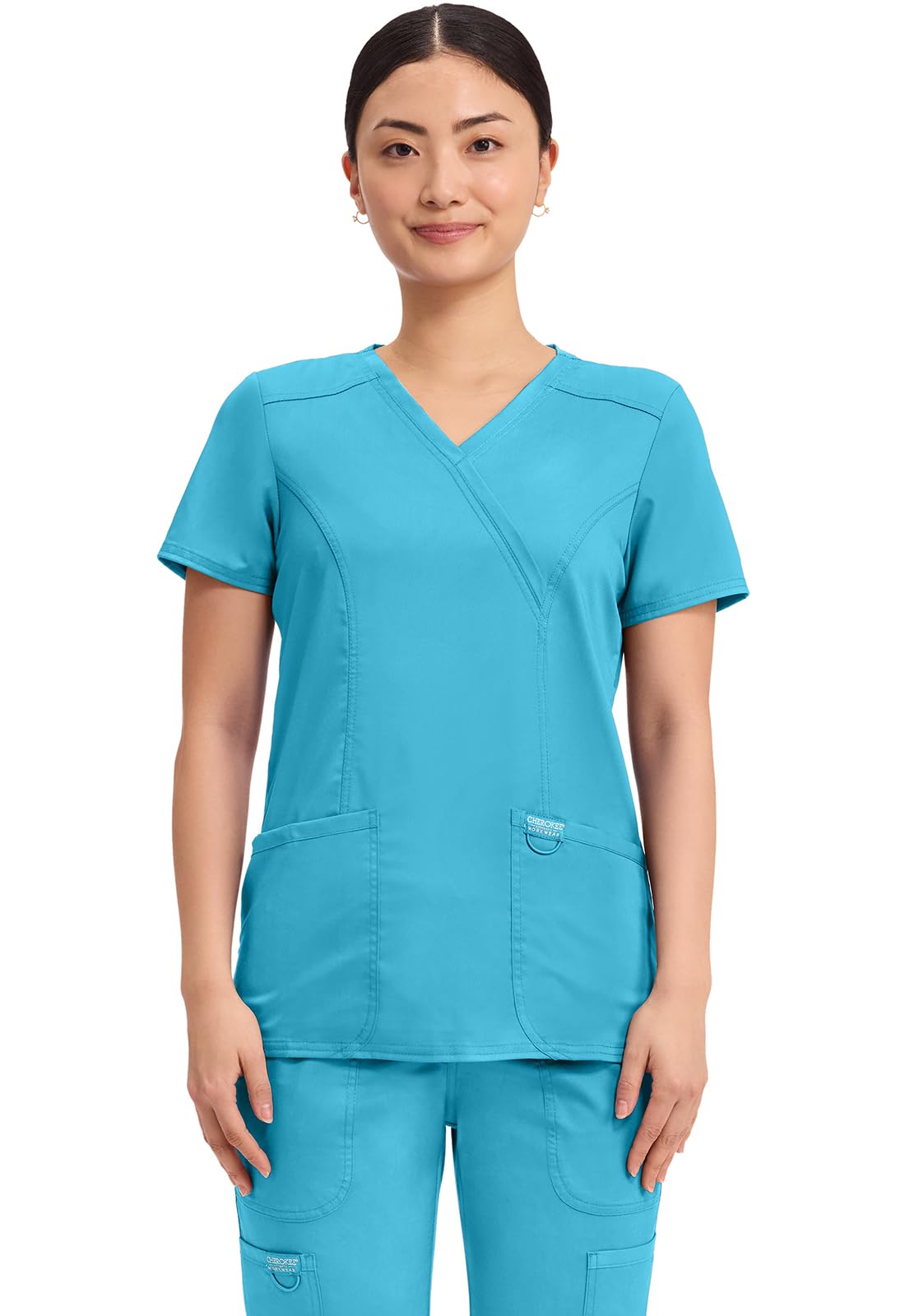 Cherokee Scrubs Top for Women Mock Wrap with 3 Pockets, Soft, 2-Way Stretch & Durable Fabric - WW610