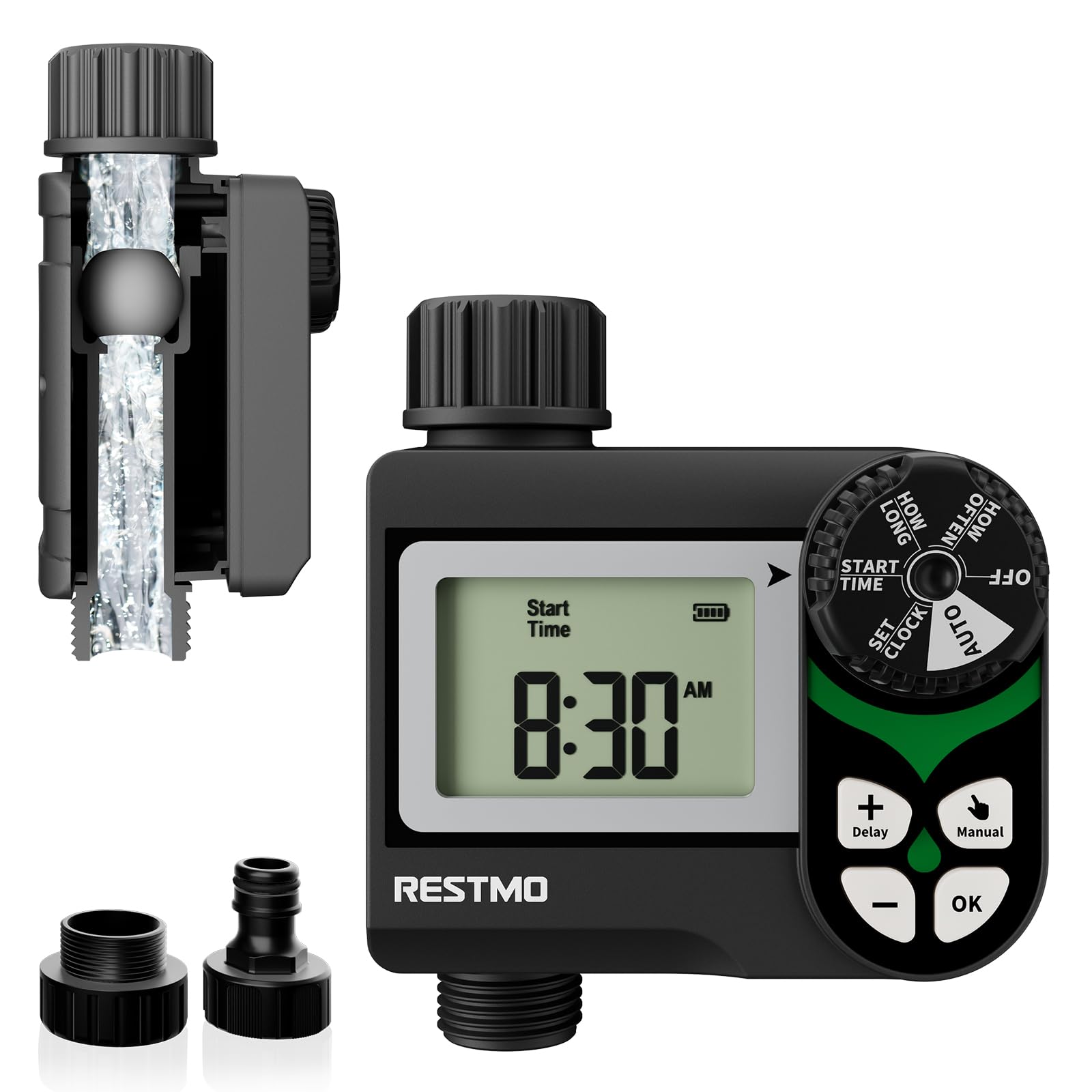 Ordenador de riego con válvula de Bola sin pérdida de presión (0-120 PSI), 2 programas de riego y retardo de Lluvia (24-72 h), Sistema de riego de jardín para barriles de Lluvia, Camas elevadas