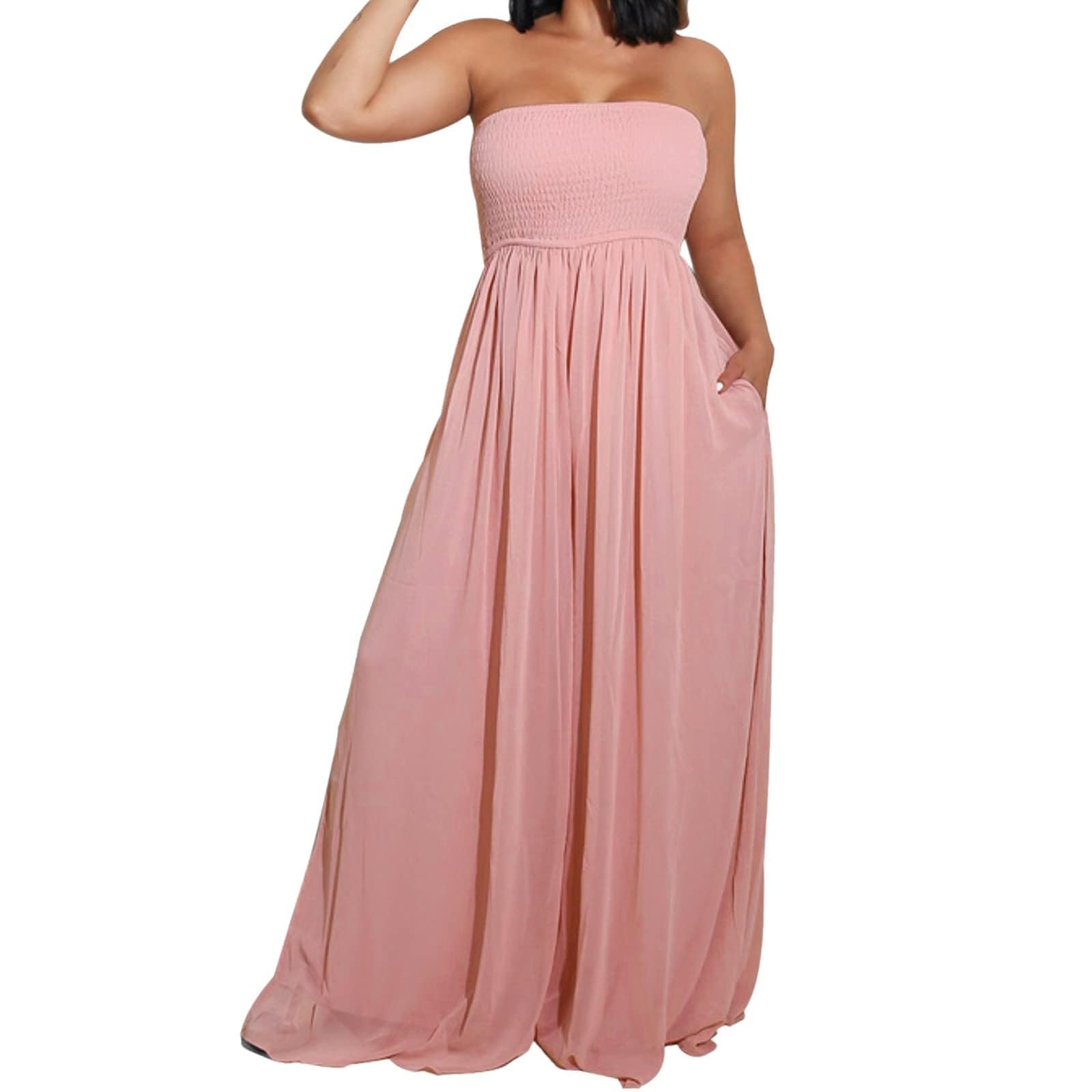 Jumpsuit Damen Sommer Bandeau Gesmoktes Overall Elegant Lang Culotte Jumpsuits Ärmellos Stretch Romper Weites Bein Plissee Sommer Playsuit mit Taschen Hosenanzug Einteiler Frauen Unten Breit