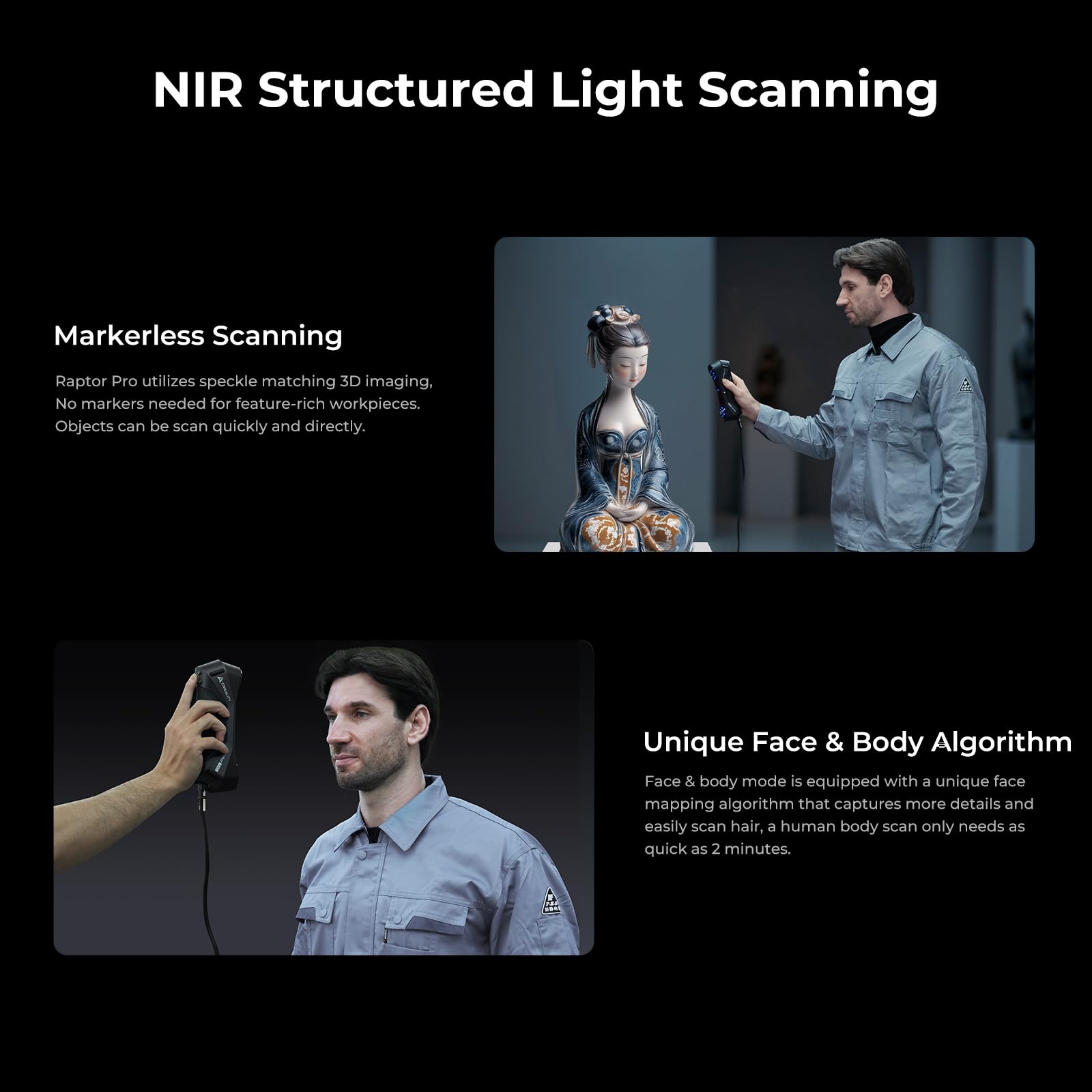 Creality Scanner 3D CR-Scan Raptor Pro, Scanner Portable Grand Public Multiligne Bleu et NIR 60 ips, Précision de 0,02mm, Suivi Anti-tremblement, Numérisation Couleur Rapide 24 bits pour Windows MacOS