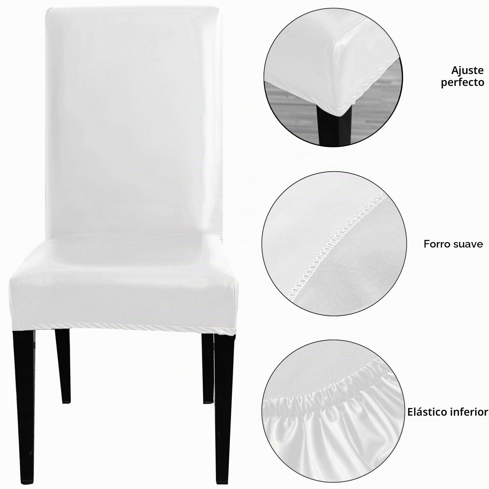 Qubjus Funda protectora para silla de comedor, de piel sintética sólida, impermeable, resistente al aceite, elástica, para mesa de comedor (blanco, 4 unidades)