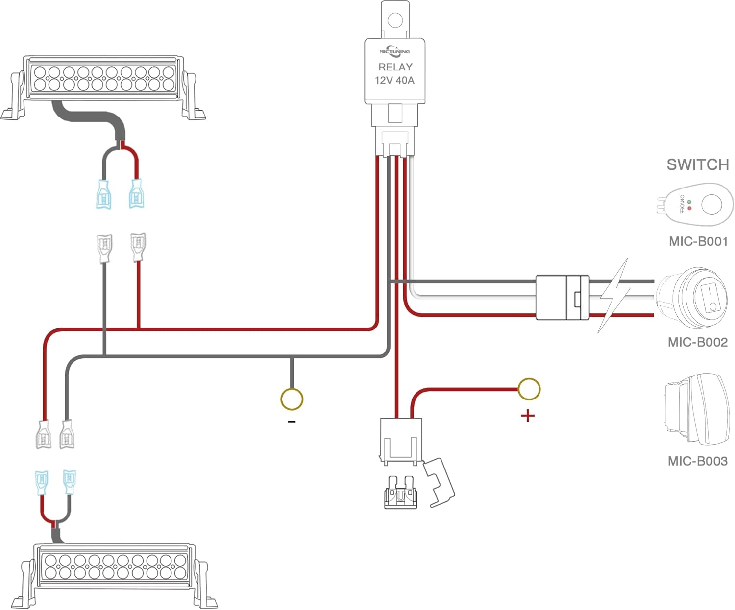 MICTUNING LED Light Bar Wiring Harness Off Road Power 40A Relay Fuse ON-Off Switch (2 Lead) image 3 of 8 B00EZ9Y33W