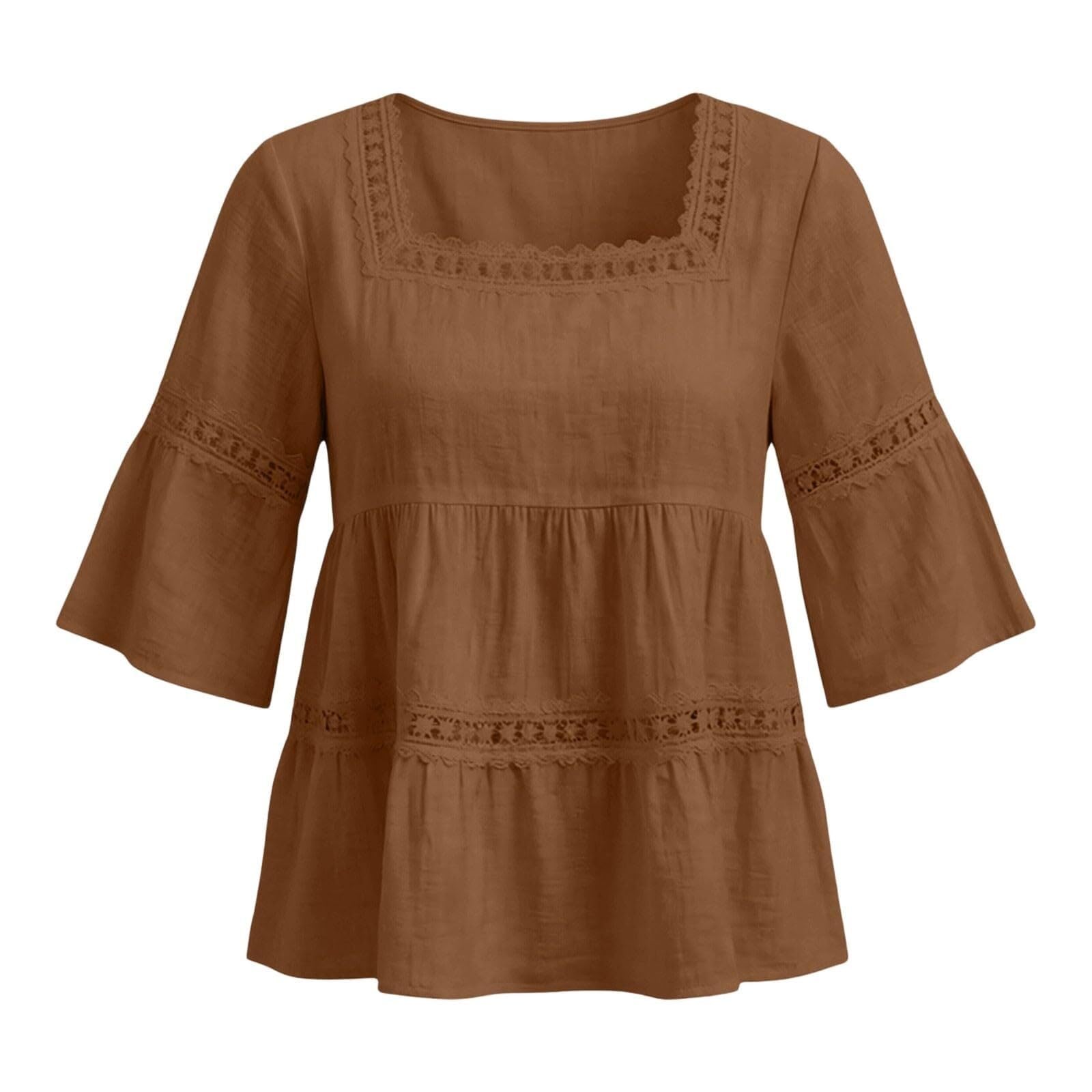 Camicetta da donna con maniche a 3/4, in lino, scollo quadrato, in pizzo, da spiaggia | Materiale arioso in cotone e lino, elegante scollo quadrato, dettagli in pizzo femminile