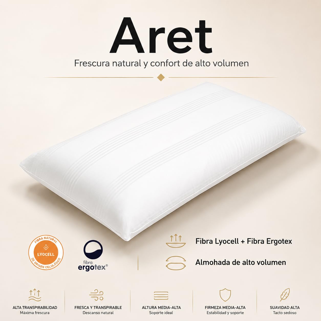 Moshy Almohada Alta Aret, Relleno Ergotex y Lyocell, Doble Funda 100% Algodón, Firmeza Media-Alta (50x70 cm)