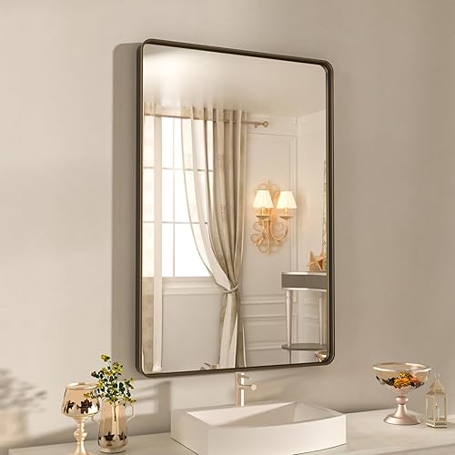 WEER Espejo de baño de bronce de 22 x 30 pulgadas para tocador, espejo de marco de metal de bronce cepillado para pared, espejo rectangular