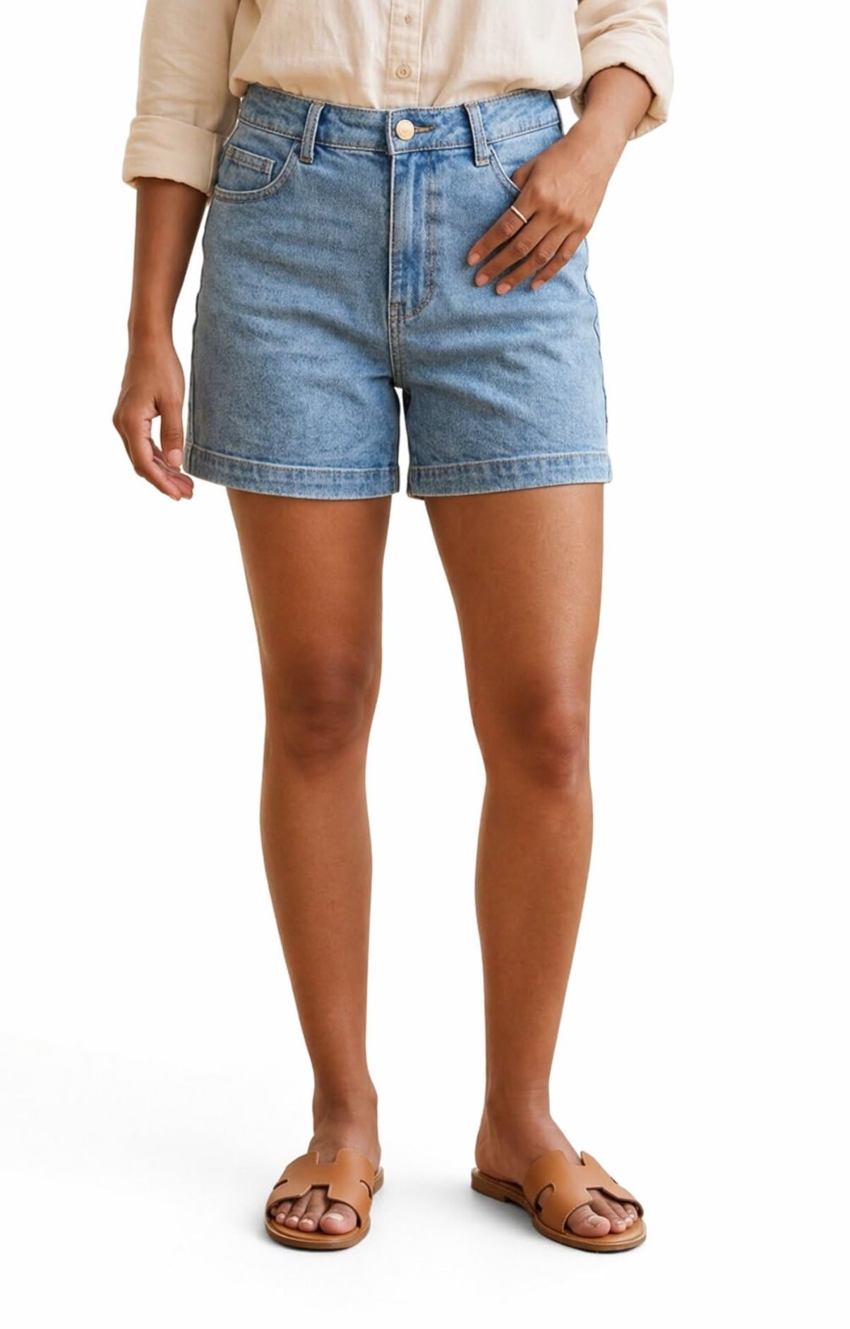 Women's High-Waist Denim Shorts, Light Blue Wash, Classic 5-Pocket Style-image-47