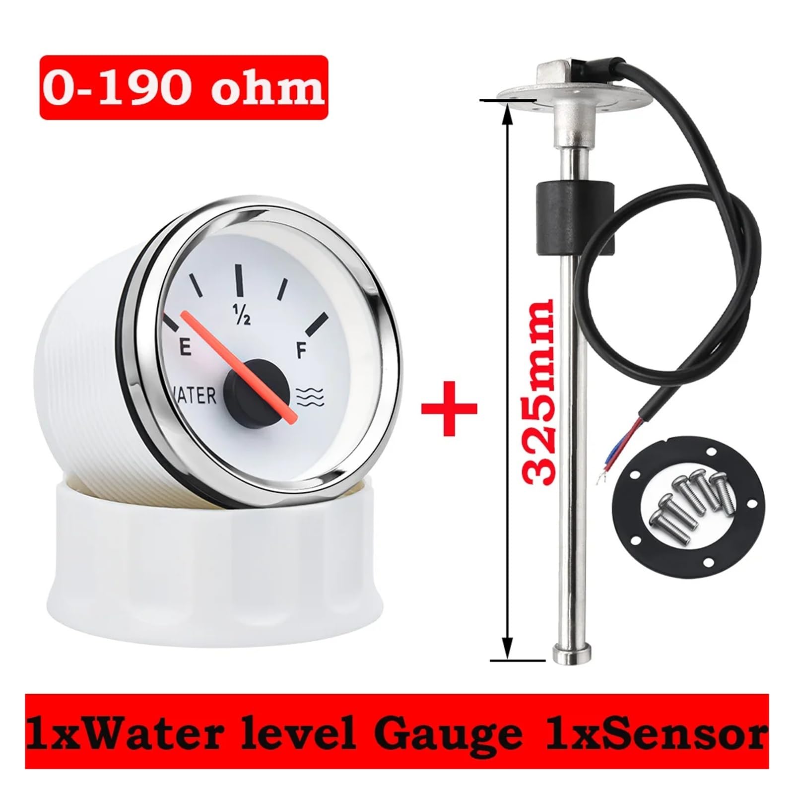100-500mm Edelstahl Marine Wasserstandsanzeige Sensor Fit Boot Auto Wasserstandsanzeige Meter 0-190 Ohm mit roter Hintergrundbeleuchtung Stabile Überwachung(GaugeX325mm Sensor)