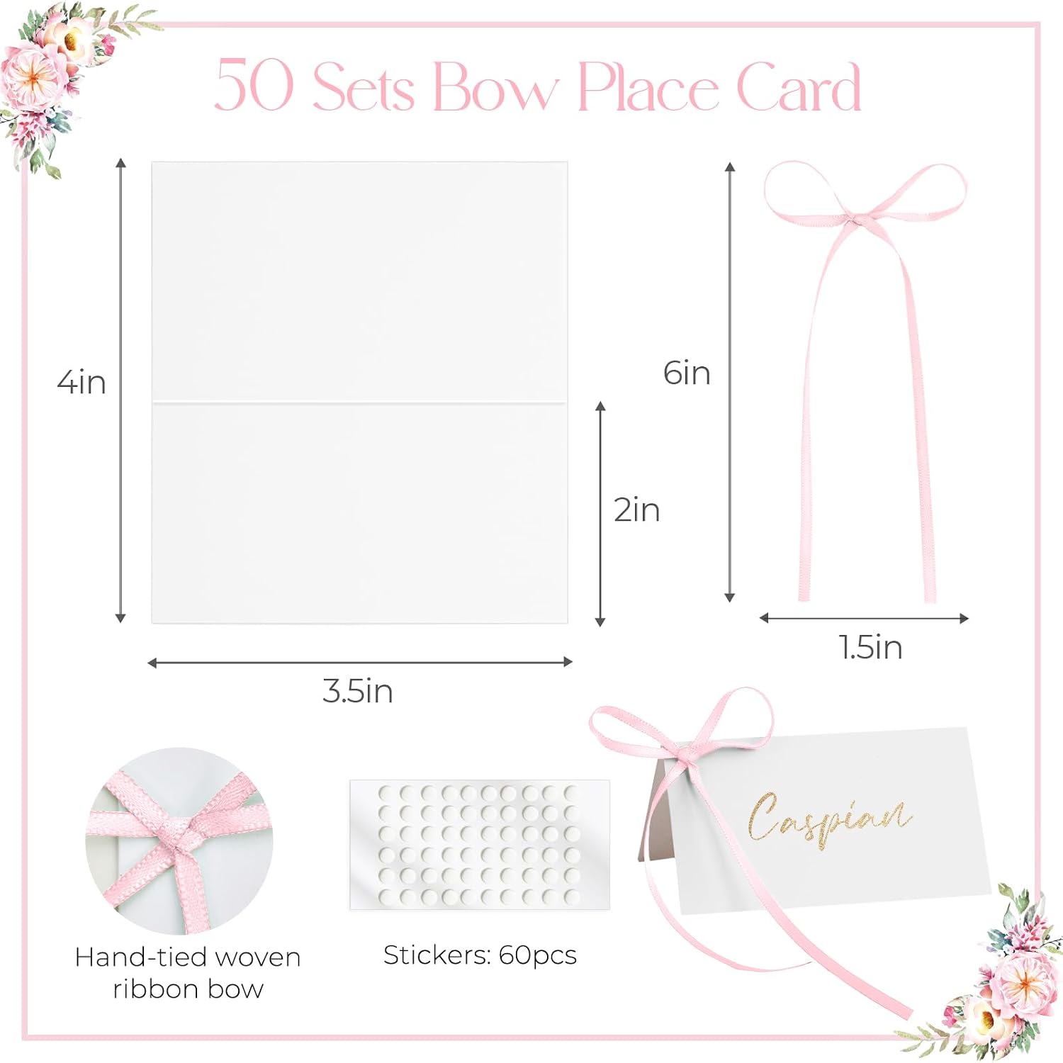 UNIQOOO 50Sets Place Cards for Table Setting - Pink Pre-tied Bow Table Place Cards, Name Cards for Wedding Dinner Party Events, 4x3.5 In