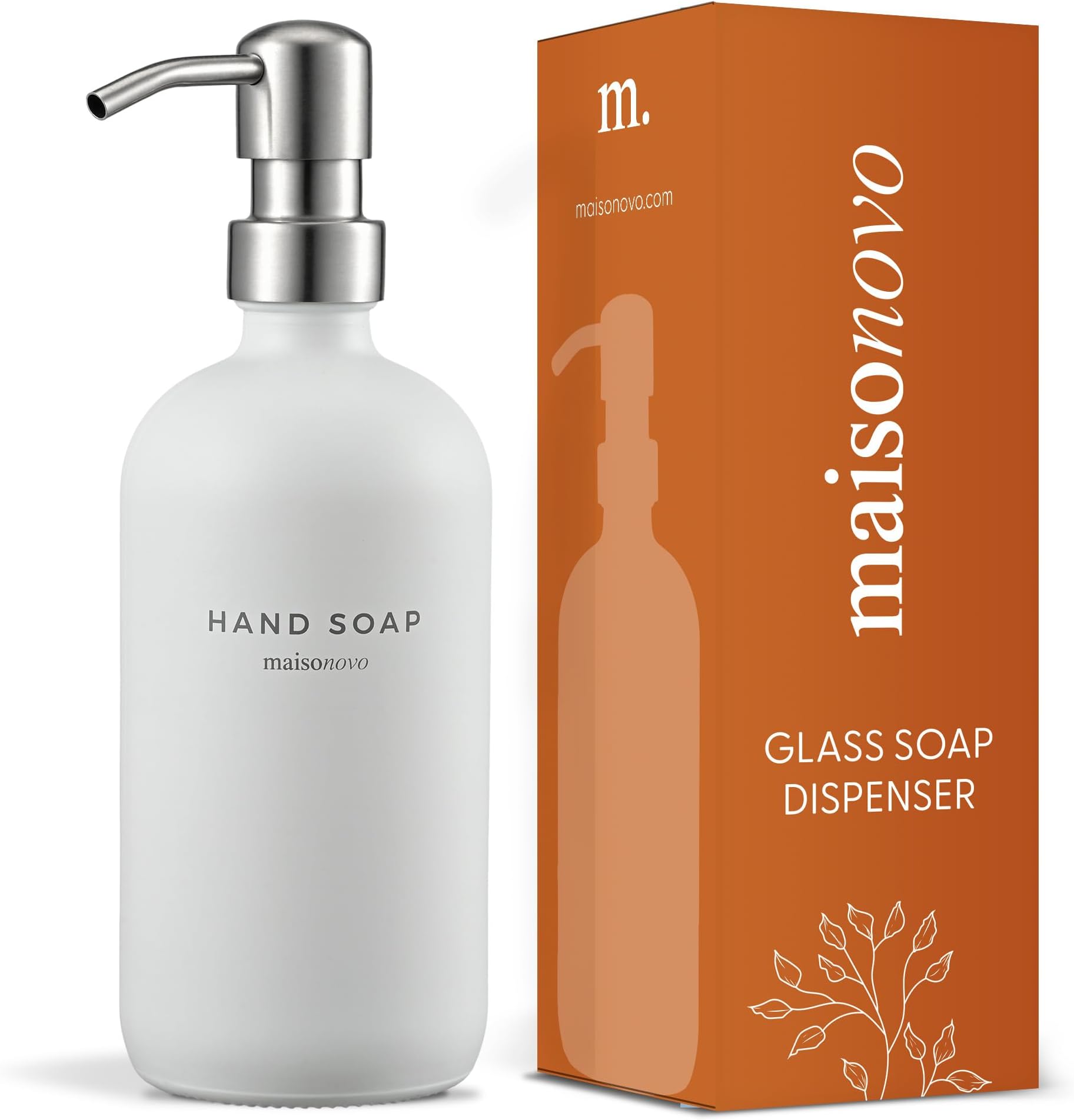 MAISONOVOGlass Soap Dispenser with Pump |1 White Bottle Silver Pump Bottle Dispenser |Dish Soap Dispenser and Kitchen Soap Dispenser |Glass Pump Bottle