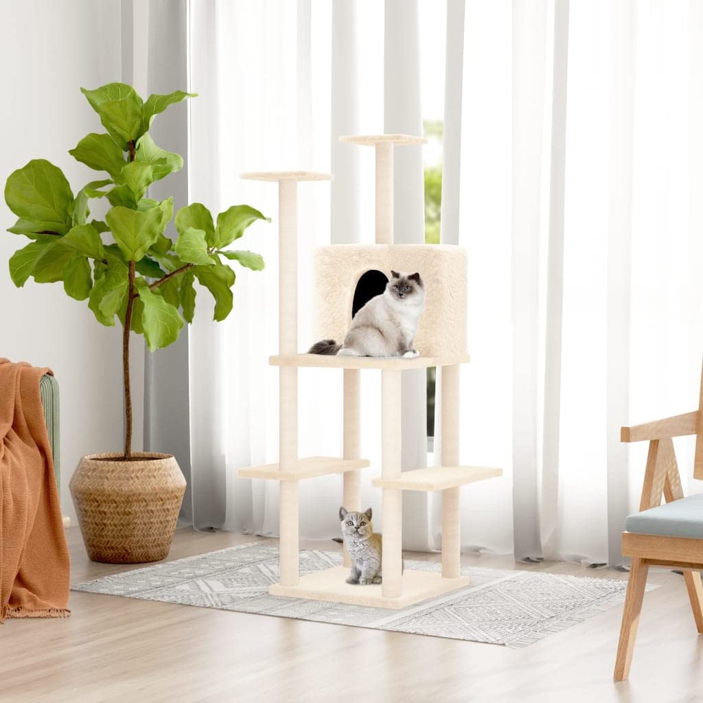 Kratzbaum 144,5 cm hoher Katzenturm mit Sisalstämmen Creme | Mehrstufiges Katzenmöbel mit Kuschelhöhle und Plattformen für das Wohnzimmer. Stabil und platzsparend.