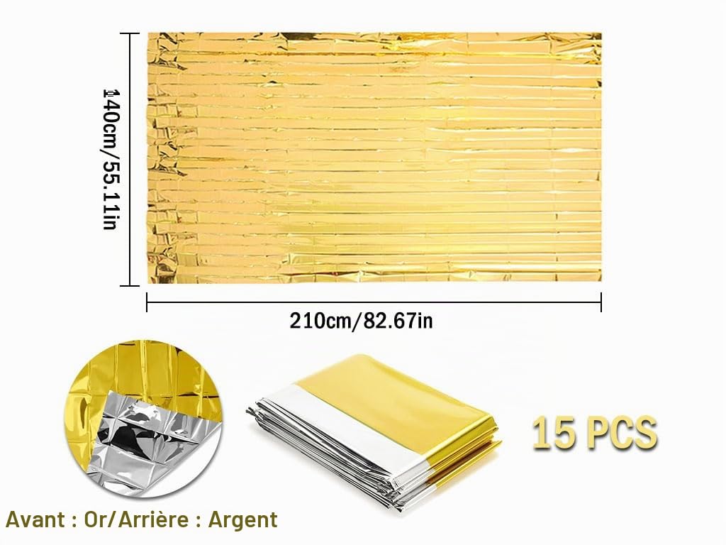 15pcs Couverture de Survie Thermique Urgence,Couverture de Survie d'urgence,Couvertures de Survie,Couverture Thermique Or Argentée,pour Camping,Randonnée,Premiers Soins,Marathons(140*210cm)