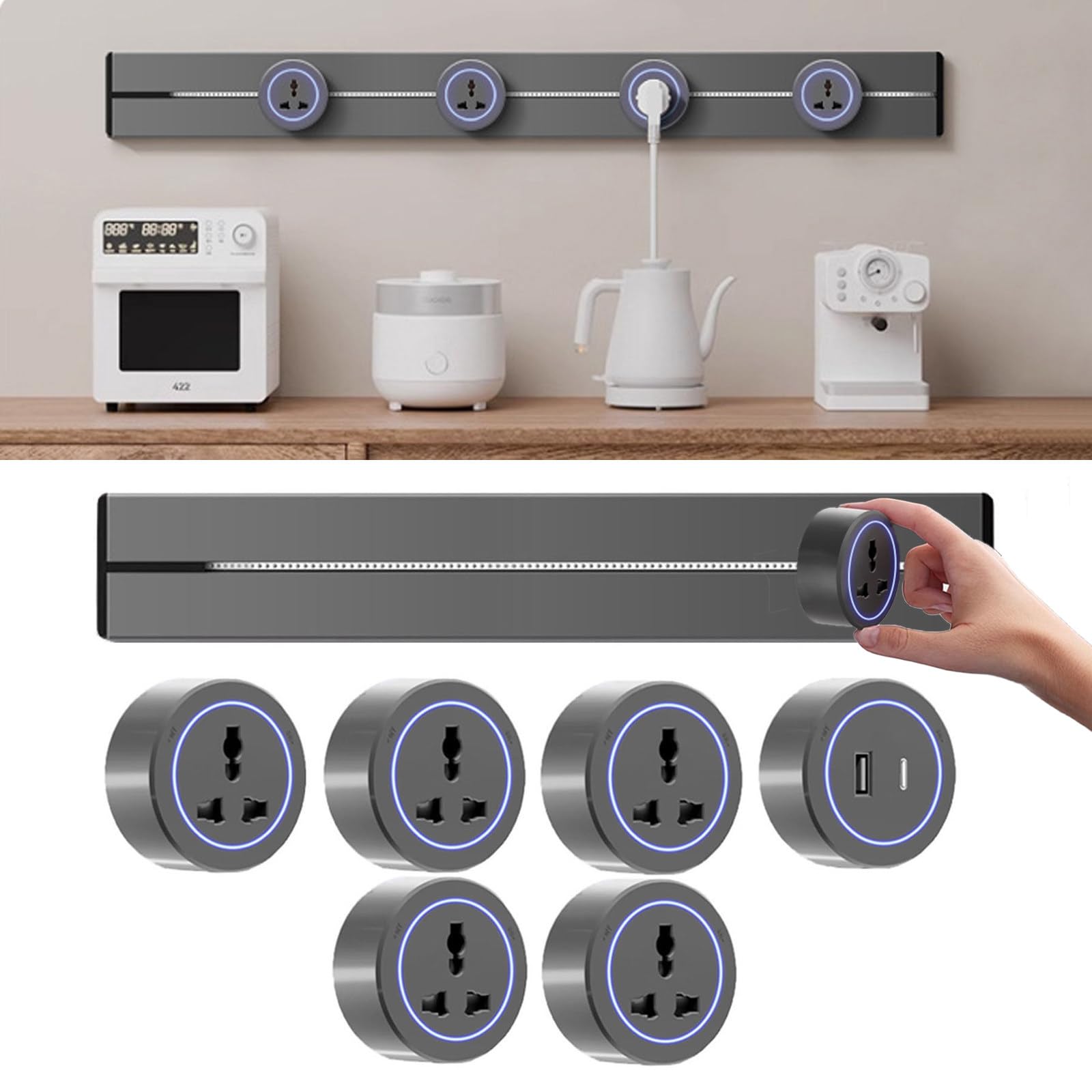 Multiprise Murale 8000 W, Rail De Prises, Rail De 40/50/60/75/100 Cm + Adaptateur Multifonctionnel à Trois Prises + Adaptateur USB Type-C, Rallonge Amovible, pour Cuisine Ou Bureau 75cm