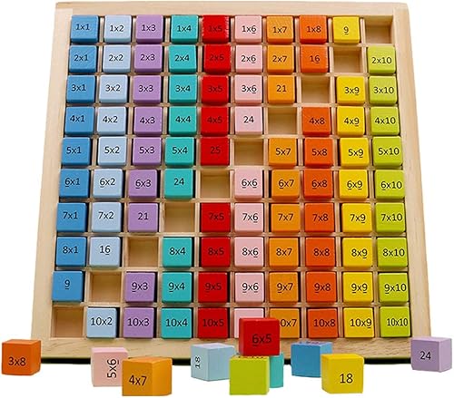 Umbresen Juego de mesa de multiplicación de madera, 100 cubos de bloques Montessori 10 x 10 veces bandeja de mesa con respuestas, juguetes de