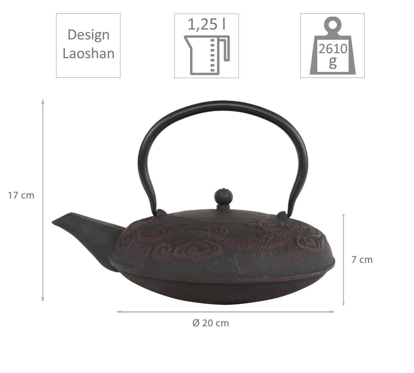 teeblume | gusseiserne Teekanne Laoshan | Gusseisen-Teekanne mit Sieb | 1,25 Liter | inkl. gratis Untersetzer in schwarz | Teekessel innen komplett emailliert | schwarz-coloriert