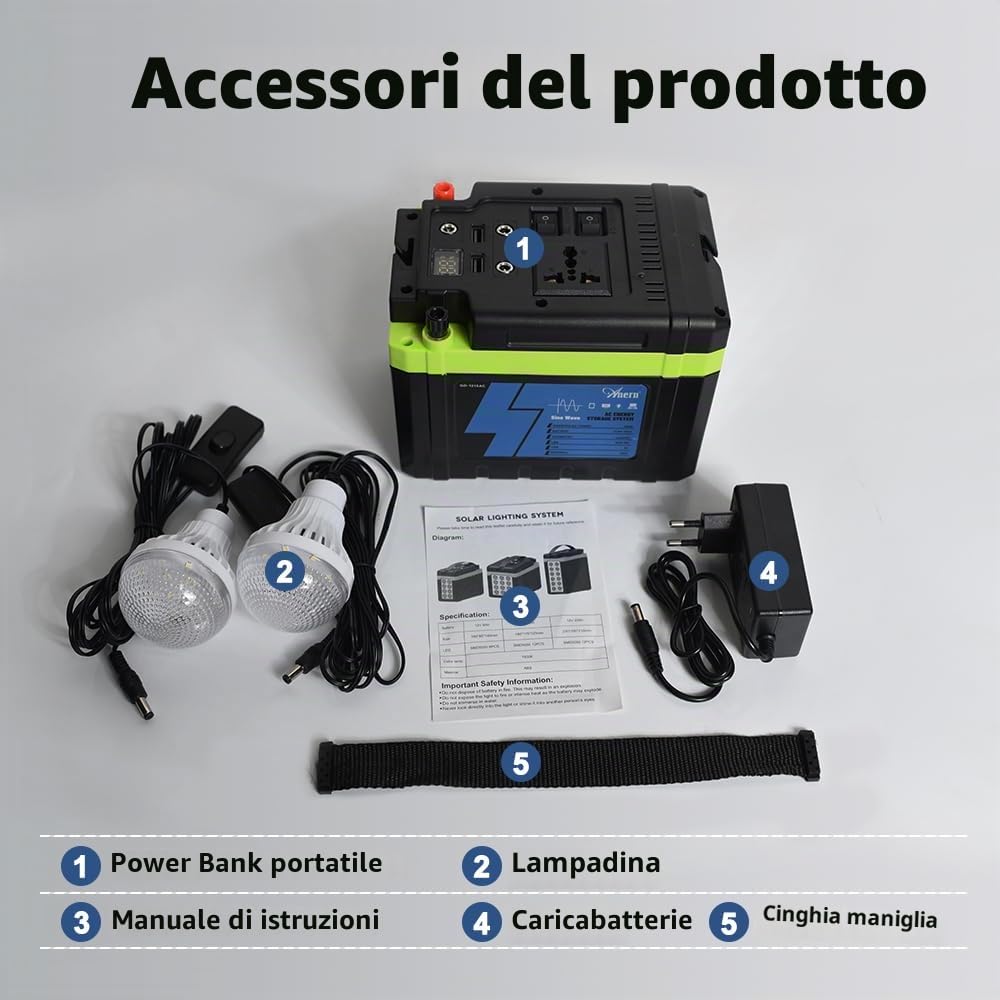 Anern 192Wh Power station portatile, con lampada LED da campeggio, include 2 lampadine illuminanti, batteria LiFePO4, uscita 230V AC/DC/USB, adatta per campeggio, attività all'aperto e emergenze.