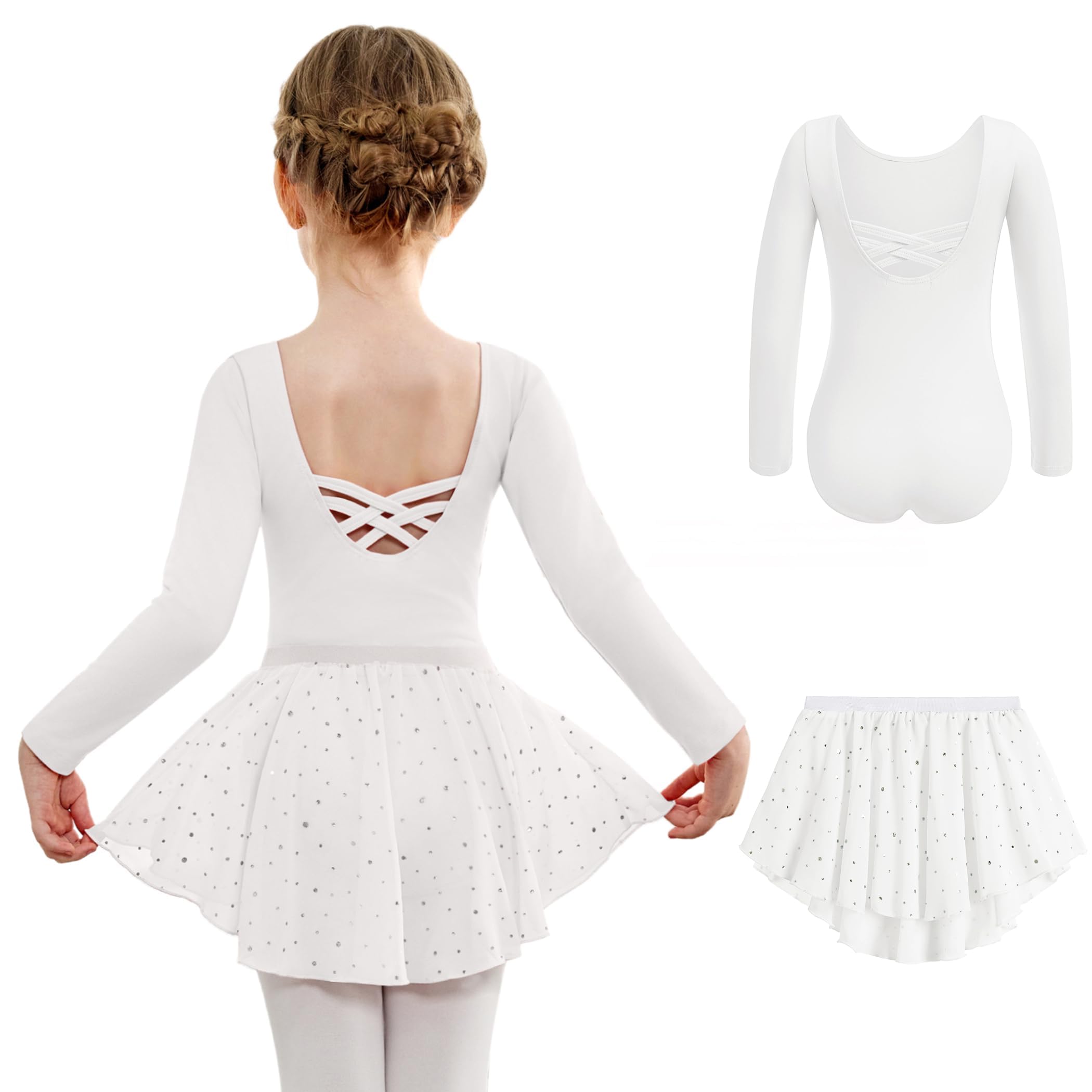 Arshiner Ballettkleidung Mädchen Rückenfrei Baumwolle Ballettkleid Balletttrikot Langzarm Tanzkleid Tanzbody mit Irregulär Chiffon Rock Tütü 2-10 Jahre