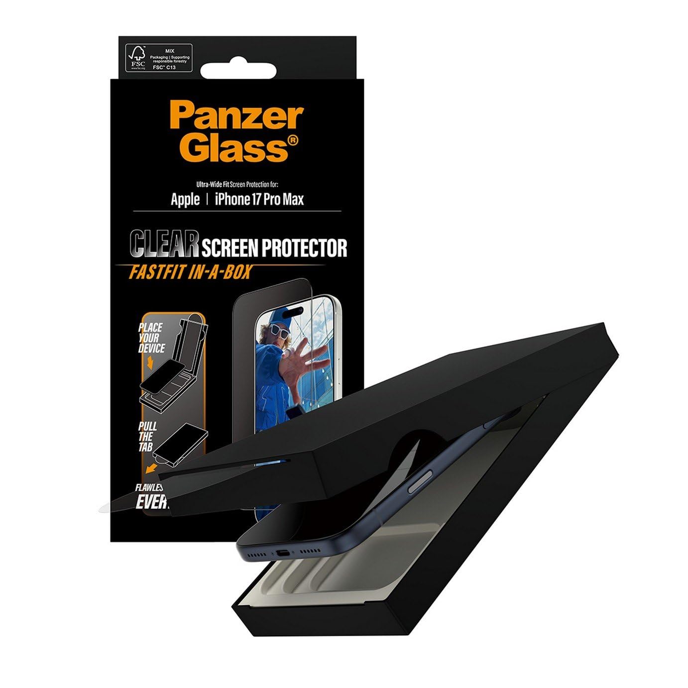 PanzerGlass Paquete clásico 2 en 1 para iPhone 17 Pro Max con Fastfit In-A-Box
