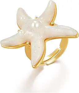 WOWORAMA Gold Conch Shell Starfish Rings for Women Chunky Adjustable Open Rings Gold Ocean Statement Rings Seashell Sea Star Rings Stackable Band Rings Summer Jewelry