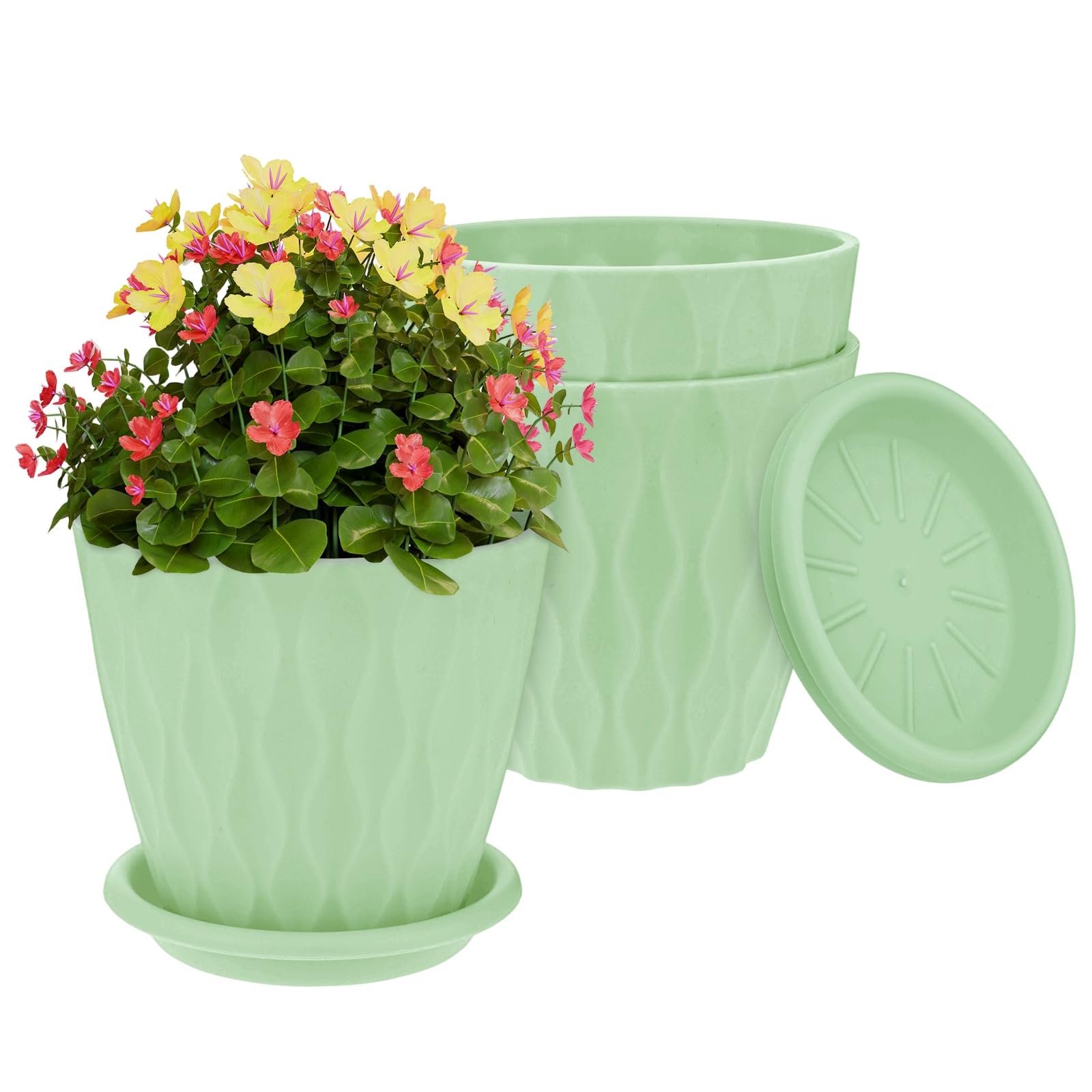 M METERXITY 3-Set Small Nursery Pots, 4 Inch Plastic Water Ripple Indoor Outdoor Flower Pots Planters with Drainage Holes and Saucers for Plants/Succulents/Herbs/Home Decor [Green]