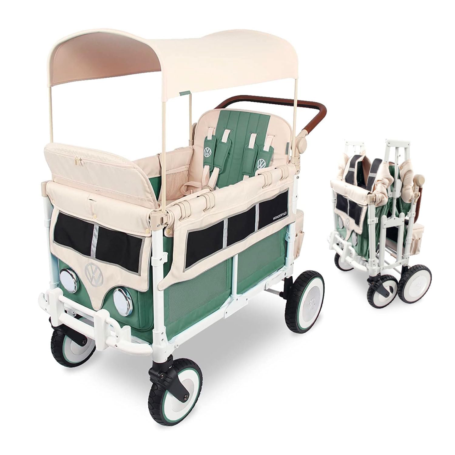 WONDERFOLD Volkswagen Stroller Wagon (4 Seater) - Collapsible Wagon Stroller with VW Bumper, Functioning Headlights, and All-Terrain XL Wheels