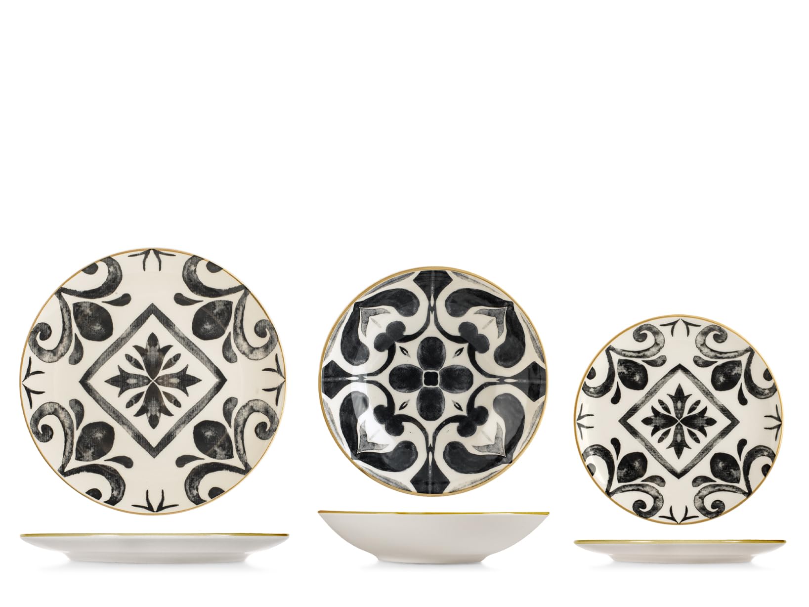 H&H Helena Tafelservice 18-teilig aus dekoriertem Stoneware, Komplettes Geschirrset für 6 Personen, Optical-Design in Schwarz und Elfenbein inspiriert von handwerklicher Majolika