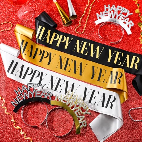 24 Pcs Happy New Year Party Supplies 2025 Include 12 Happy New Year Sash Belt and 12 Headband Accessories for Eve Party Favor Decorations Adult4