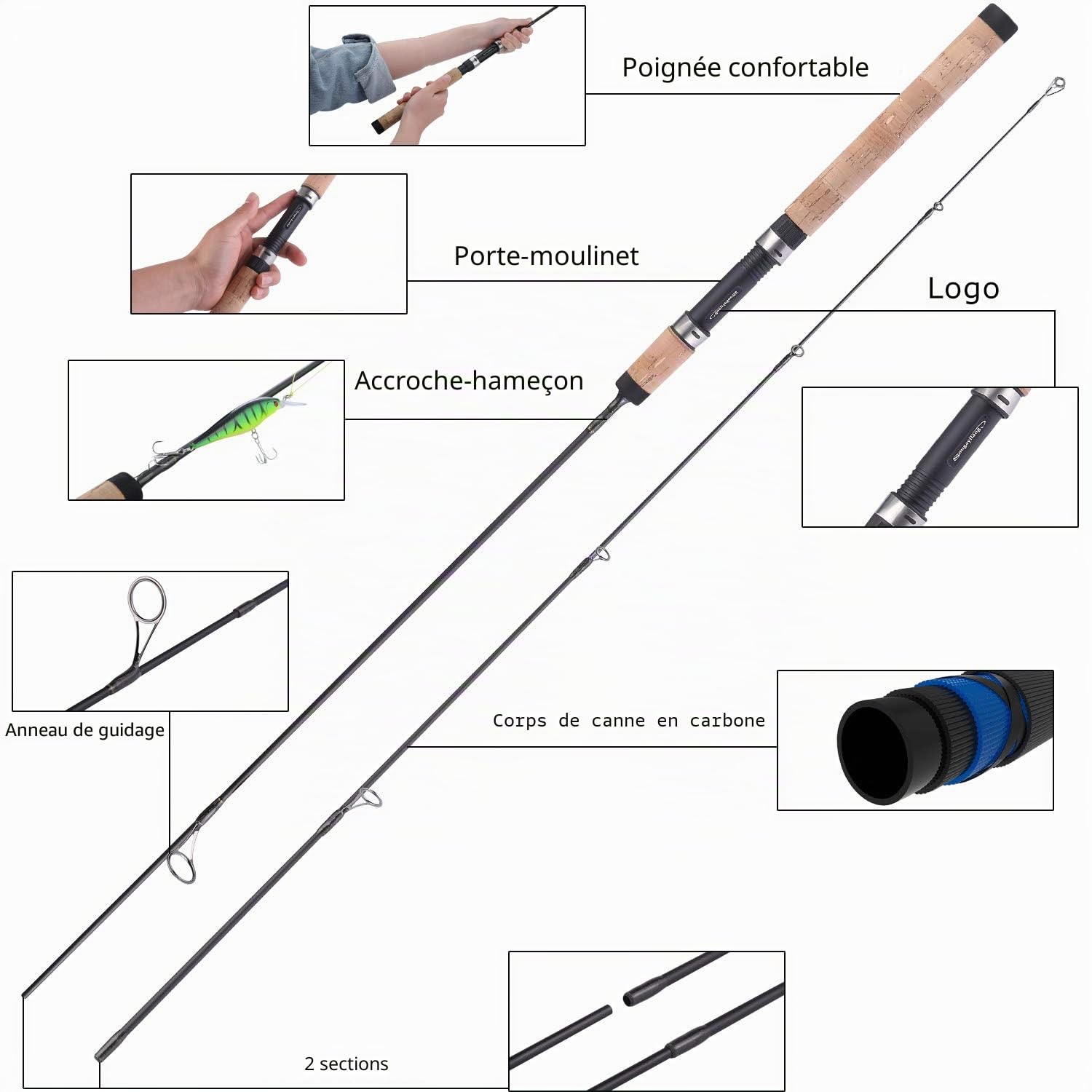 Sougayilang Lot de 2 cannes à pêche légères et résistantes avec poignée en liège et canne en composite de carbone - Cadeau pour les amateurs de pêche