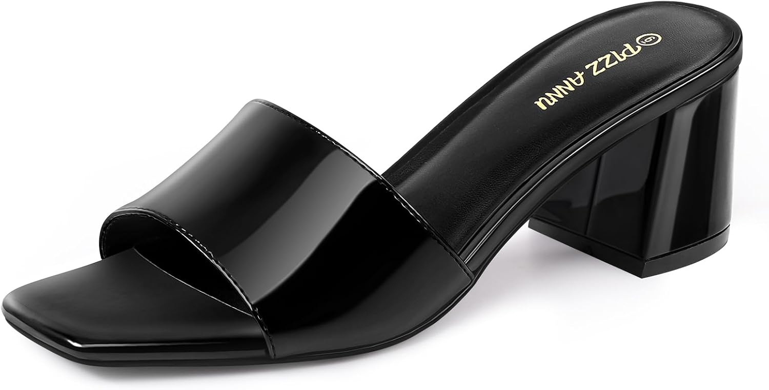 PIZZ ANNU Women's Square Open Toe Heels Sandals Low Block Chunky Heeled Sandal Slip on Mules Comfortable Casual Dress Pumps Shoes
