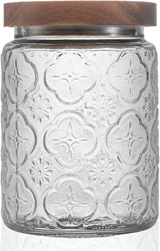 Tarro decorativo de vidrio vintage para encimera de cocina, tarro de almacenamiento hermético con tapa de madera, para galletas, dulces, granos de