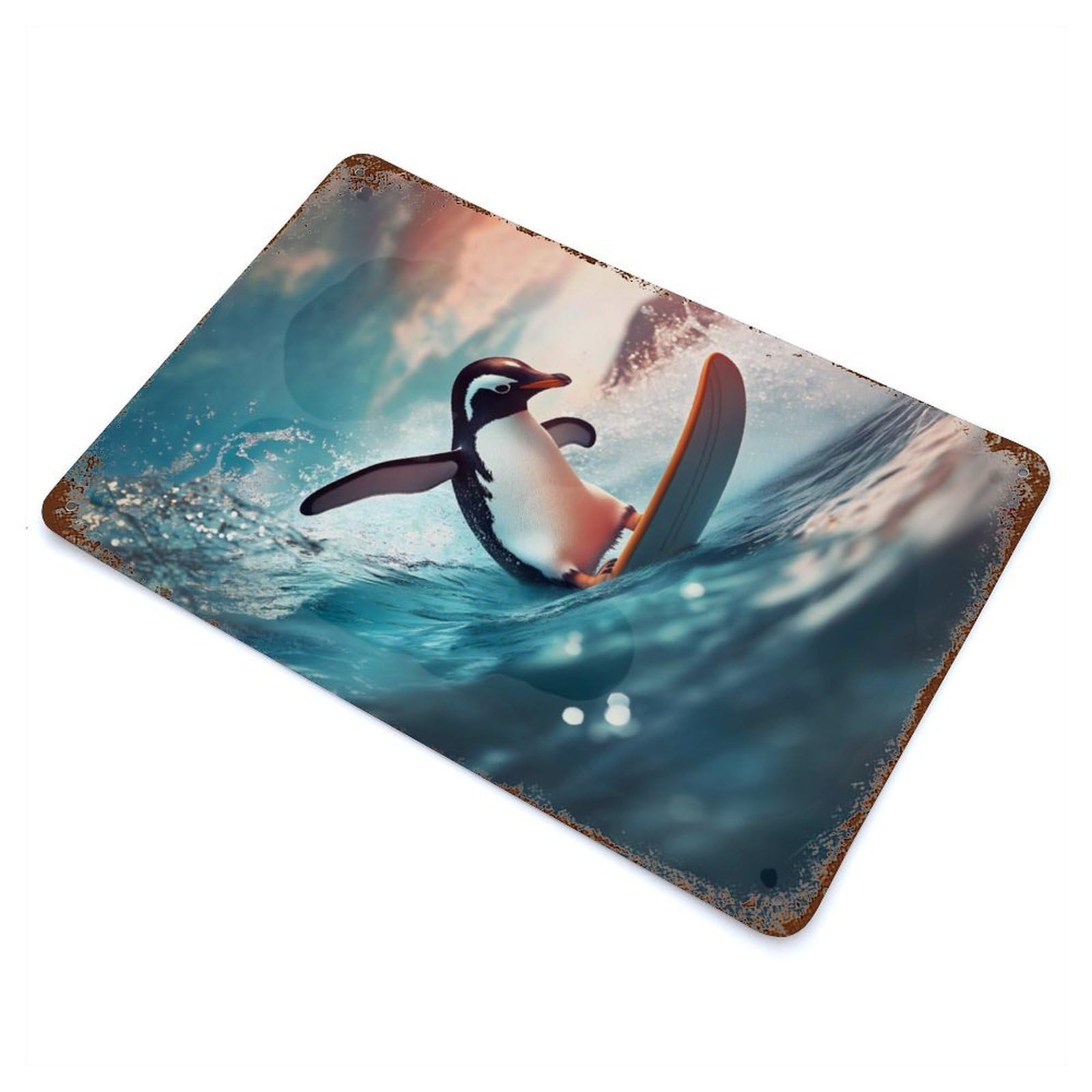 Penguin on A Surf Decorative Tin Sign 11.8"x7.9", Retro Wall Decor for Living Room, Hallway And Home Decor