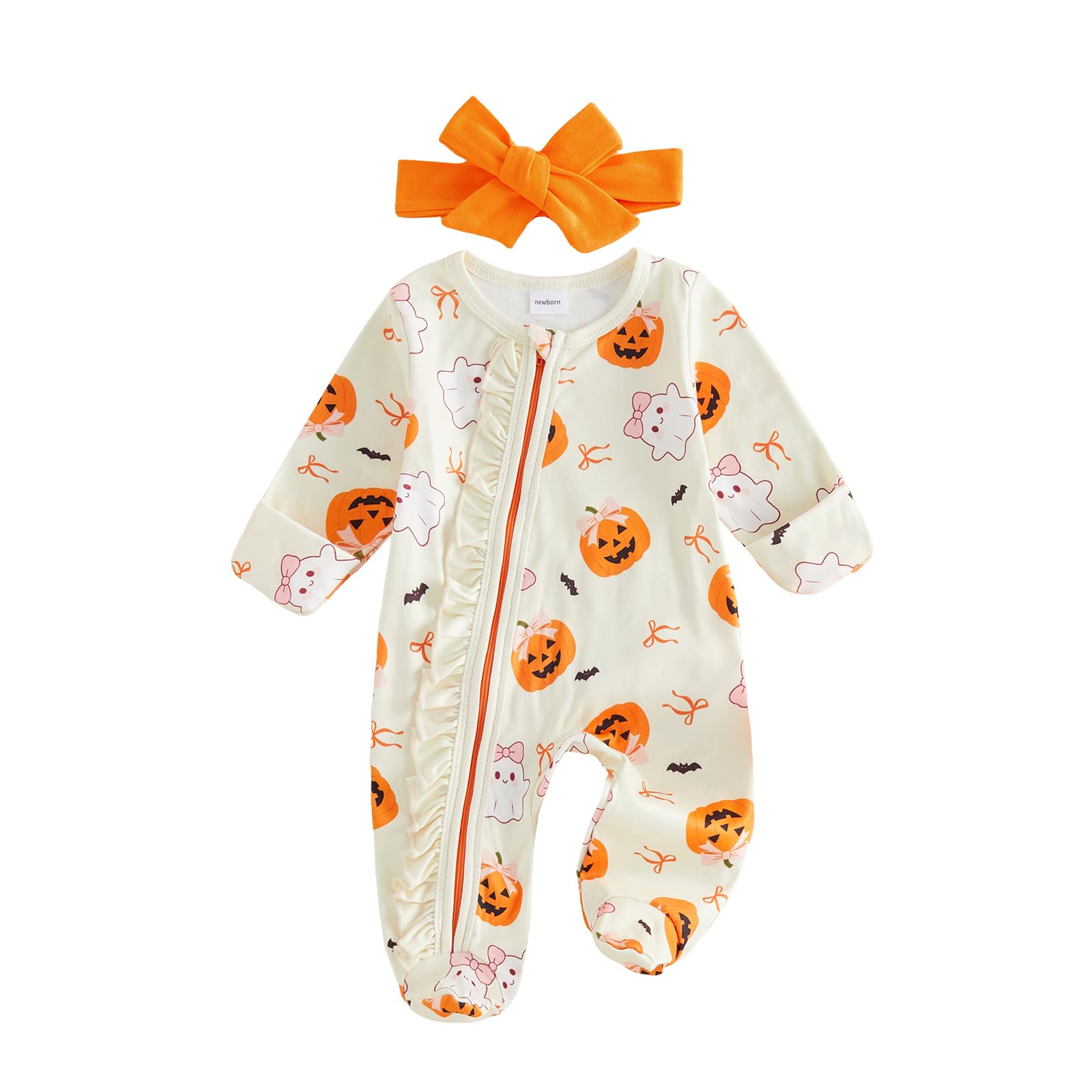 My First Halloween Baby Girl Outfit Newborn Pumpkin Ghost Footie Jumpsuit Ruffle Zipper Romper Cute Baby Fall Clothes
