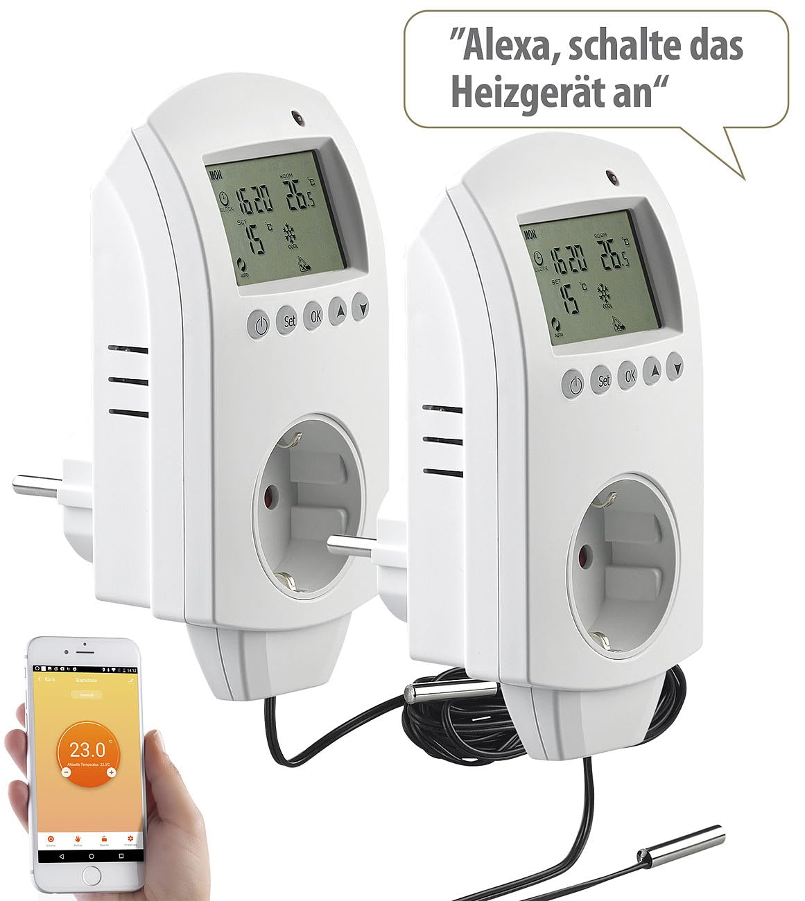 revolt Thermostat Heizung WiFi: 2er-Set WLAN-Steckdosen-Thermostate für Heizgeräte, App, Sprachbefehl (Alexa Thermostat-Steckdose, Universal-Thermostat Steckdose, Zeitschaltuhr)