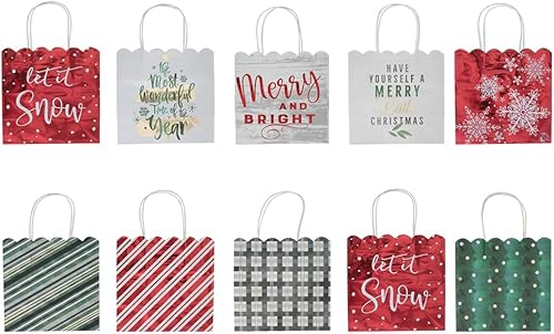 Miniatura 2 de Fifth Ave Kraft Bolsas de regalo de papel de aluminio de Navidad con asas de yute y parte superior festoneada, media moda, paquete de 10