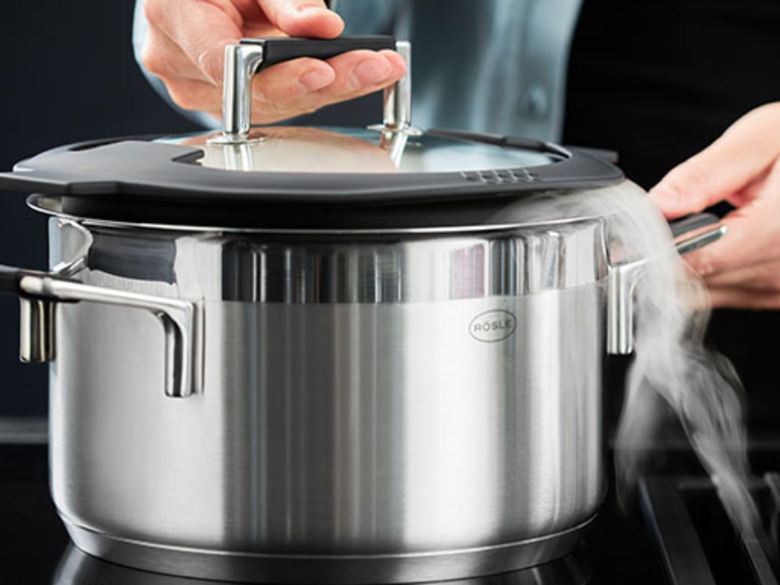 RÖSLE Batterie de cuisine 4 pièces SILENCE PRO - Lot 3 faitouts et 1 Casserole Acier Inoxydable 18/10 - Graduation Intérieure, Conviennent pour l'Induction, Passe au Lave-Vaisselle